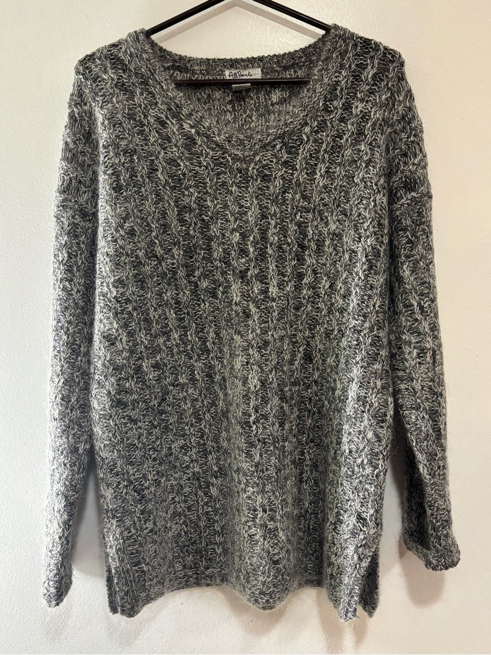 All Points Womens Size M Silk Mohair Heather Gray Cable Knit Scoop Neck Sweater